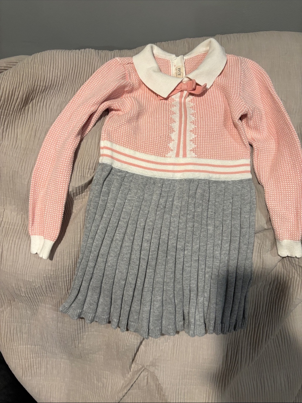 Girls Pink & Gray Knit Pleated Dress with Peter Pan Collar